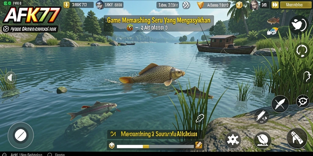 Screenshot gameplay AFK77 dengan aksi memancing yang menantang.