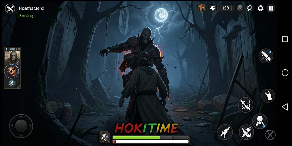 Screenshot menunjukkan momen mencekam gameplay HOKITIME dengan efek visual yang menakutkan.