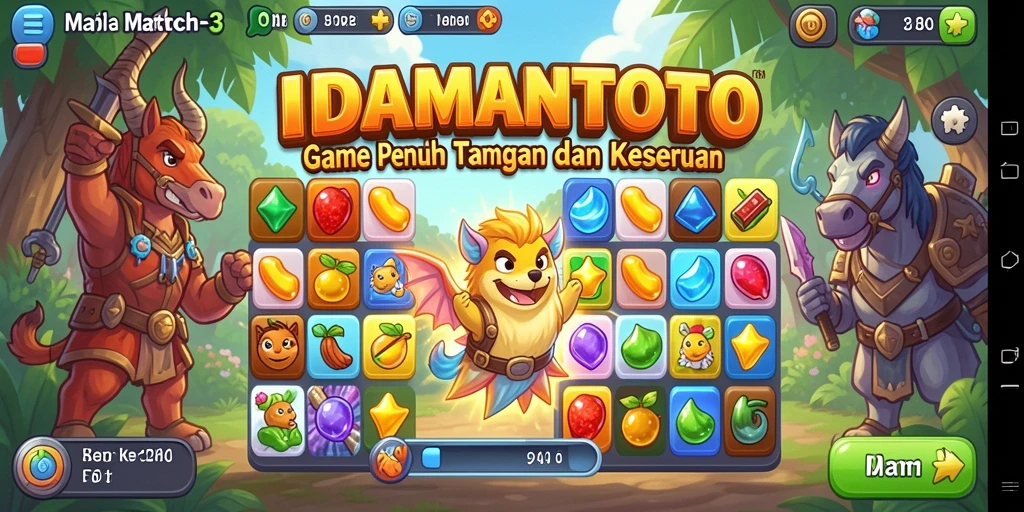Screenshot menunjukkan gameplay seru dari IDAMANTOTO dengan kombinasi elemen Match-3.