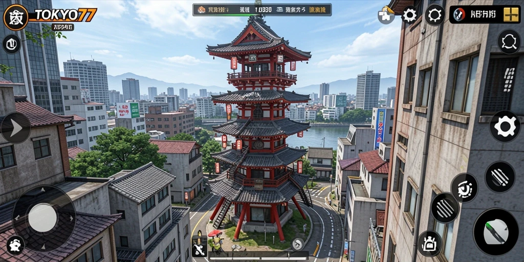 Tangkapan layar gameplay TOKYO77 menampilkan pertahanan menara yang strategis.